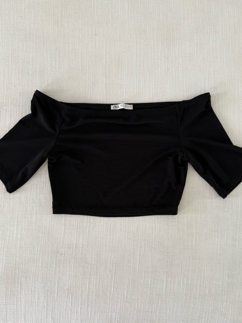 Zara Mesh Black Off-Shoulder Short Sleeve Crop Top